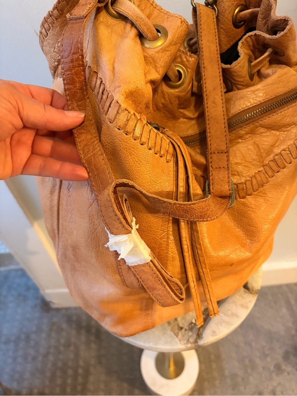 Anthropology Tan Leather Drawstring Hobo Bag with Whipstitch Detail - Picture 6 of 7